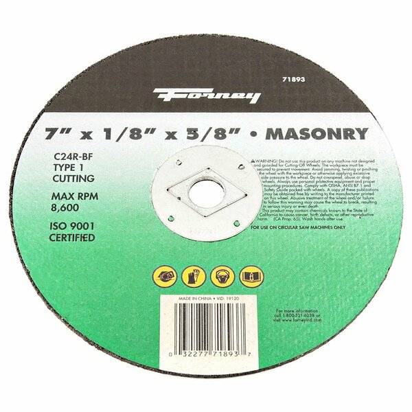 Forney Cutting Wheel, Masonry, Type 1, 7 in x 1/8 in x 5/8 in 71893